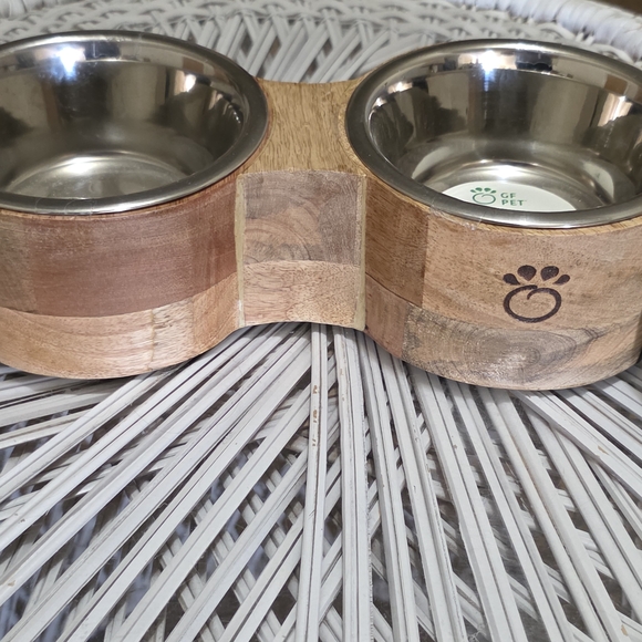 Natural Wood Double Dog Bowl with Stainless Steel Inserts - Picture 1 of 6